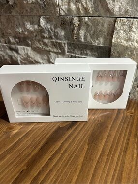 2 pack Qinsinge Nail Press-On Set in Nude Pink with Rhinestones. New in boxes